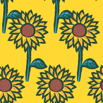 vector rough ethnic sunflower brush stroke lines seamless pattern on yellow