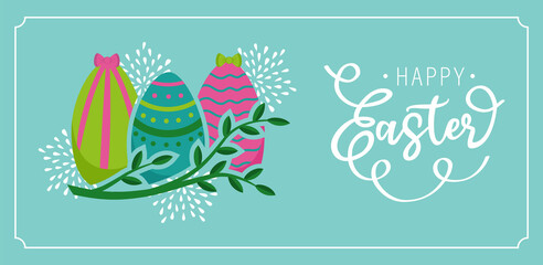 Happy Easter day greeting card design cute with background branch leaves and flowers, easter banner with colorful eggs.Vector illustration with frame and text.