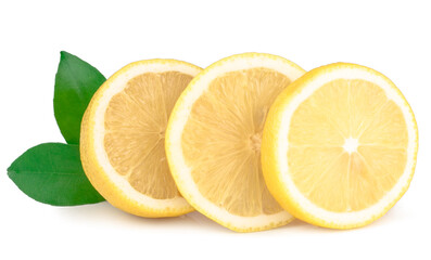 Fototapeta na wymiar Lemon slices with leaves isolated on white background