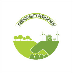 Green city and forest living together design on handshake for sustainability development and eco friendly concept, vector illustration logo design