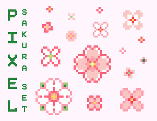 Pixel sakura flowers set. Pixel art set of cute pink sakura flowers elements for pattern, background, decoration, paper, dress, textile. Pixelated flowers vector element illustration collection. © Takoyaki Shop