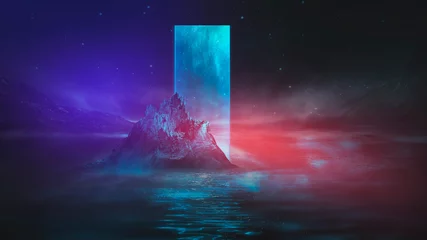 Foto op Aluminium Futuristic fantasy night landscape with abstract landscape and island, moonlight, radiance, moon, neon. Dark natural scene with light reflection in water. Neon space galaxy portal. 3D illustration.  © MiaStendal
