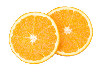 Orange slices isolated on a white background. Flat lay, top view