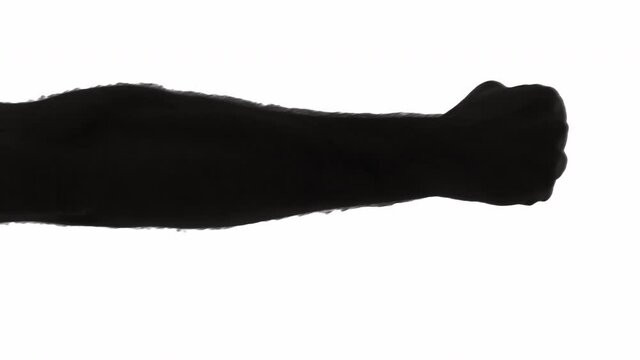 The black silhouette of a male arm hitting an imaginary target (fist, punch), isolated over a white background. Many different takes and speeds.
