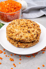 Healthy vegetarian or vegan food, meat free burger made from orange lentils legumes
