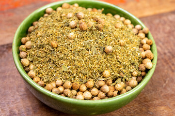 Local food of Canarian islands, dried herbal mix with coriander seeds for mojo cilantro condiment sause