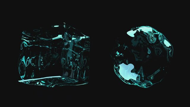 The shape of a cube and a ball of water hangs in space and shimmers with waves