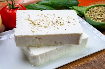 Cheese collection, white Greek salty feta cheese ready to eat