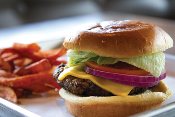 Cheese Burger and Sweet potato fries