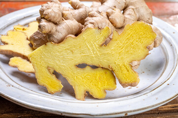 Fresh organic ginger roots, healthy food ingredient
