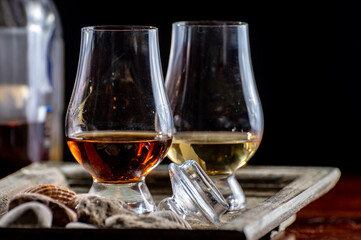 Glasses of scotch whisky served in bar in Edinburgh, Scotland, UK