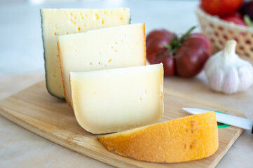 Cheese collection, French fol epi  cheese with many little holes, etorki, tomme noire des pyrenees and ossau iraty cheese