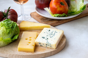 Cheese collection, French fol epi  cheese with many little holes, etorki, tomme noire des pyrenees and ossau iraty cheese