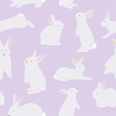 Easter seamless pattern with rabbits. Bunnies silhouettes vector illustration on a lilac background.