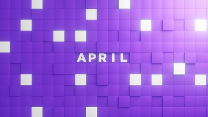 April Month lettering in abstract brick texture cubes in purple and white background. 3D illustration