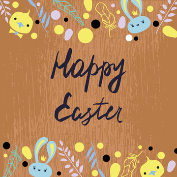 Vector lettering and illustration. Happy easter. Print and web greeting card design. White text with details and texture on brown background. EPS 10.