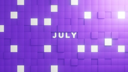 July Month lettering in abstract brick texture cubes in purple and white background. 3D illustration