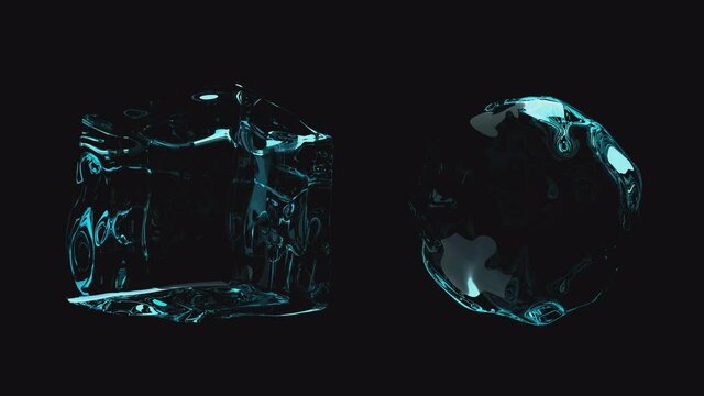 The shape of a cube and a ball of water hangs in space and shimmers with waves
 with alpha channel, transparent 
