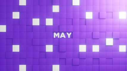May Month lettering in abstract brick texture cubes in purple and white background. 3D illustration