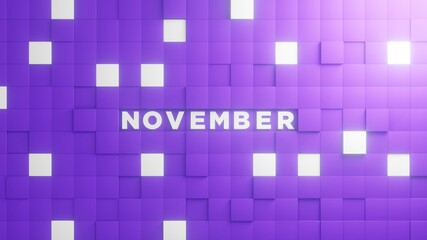 November Month lettering in abstract brick texture cubes in purple and white background. 3D illustration