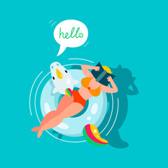 Pretty woman floats on an inflatable circle. Vector illustration