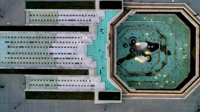 Sunset aerial view a fountain in front of the National Palace of Culture in Sofia, Bulgaria