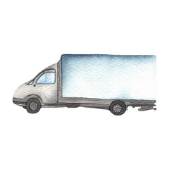 Blue delivery truck. Watercolor hand drawn illustration isolated n white background.
