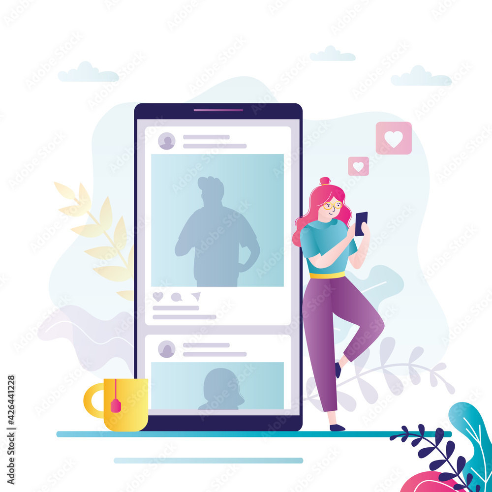 Poster female character scrolls tape on social networks. different posts in social media on smartphone scre