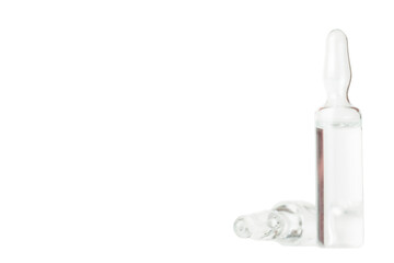 two ampoules with transparent vaccine isolated on white background with place for text