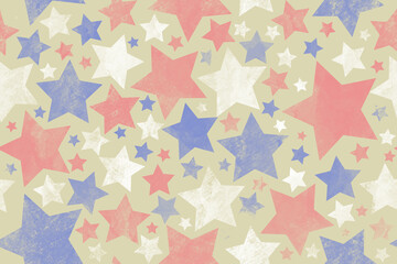 Seamless pastel watercolor background texture. Pastel color stars. Painted illustration. Template for design. Vintage. Retro. Red, blue and white stars. Template for wrapping paper or cards. Beige.