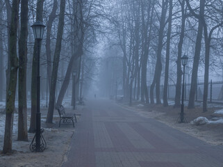 Misty morning park with deep fog, road leading far away in mist with trees and lamps on the sides