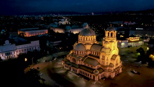 Night aerial view of Alexander Nevski cathedral in Sofia, Bulgaria