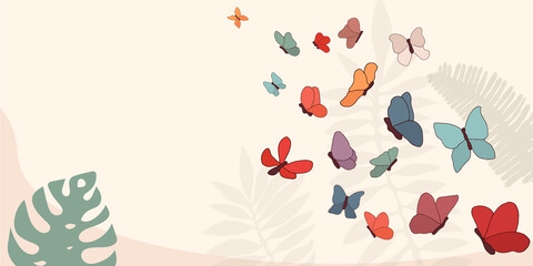 Copy space banner with hand drawn multicolored trendy and cute butterflies illustration