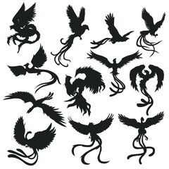 Phoenix Magic Animal Silhouette Design Vector. Fire Bird Collection Icon Set Clip Art Scrapbook. 