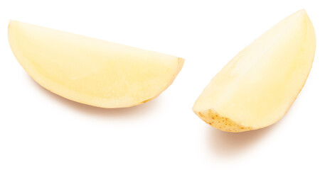 Potato cut into wedges, washed and with skin. Isolated on white background.