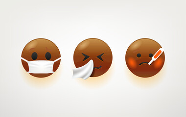Brown faces with termometer and handkerchief vector pack. Illness
