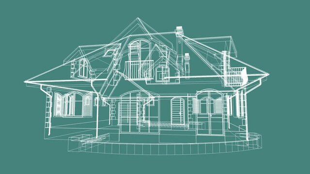 3d animation, a plan of house on blue background, technical draw or blue print