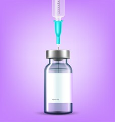 Glass vial with needle of plastic syringe inside. Vector mockup