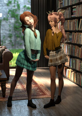 A 3d digital render of two school girls in a library looking at a large necklace.