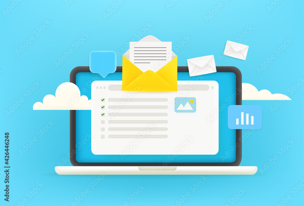 Poster receiving electronic mail via internet concept. 3d style cute vector illustration