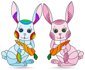 Set of illustrations in a stained glass style with cute cartoon rabbits, animals isolated on a white background