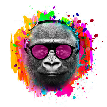 gorilla monkey head with eyeglasses and headphones with creative colorful abstract elements on dark background