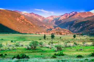 Sunrise at Moraine Park, Rocky Mountain National Park showing meadows and mountains