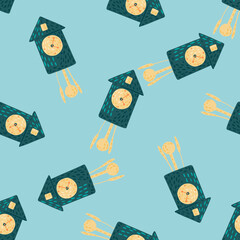 Contrast seamless pattern with navy blue cuckoo clock silhouettes print. Random time backdrop.