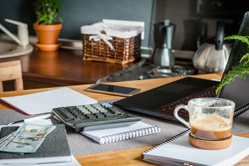 Investments. The girl buys stocks and analyzes the stock exchange, invests the budget in funds and stocks at home remotely. Work from home to quarantine, freelance. Work remotely.