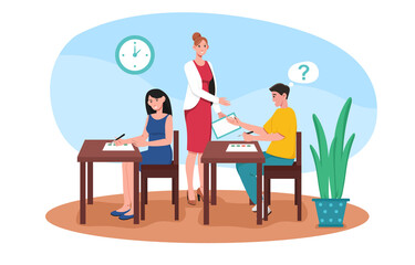 Young male and female characters are passing the exam