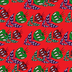 Hand drawn seamless pattern with green folk flower elements ornament. Bright red background.