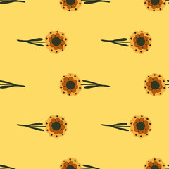 Geometric seamless doodle pattern with folk flowers ornament. Bright orange background.