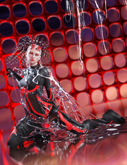 A 3d digital render of a female cyborg trapped in clear slime.