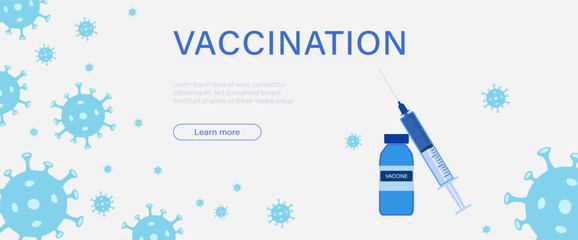 Vaccination banner background. Syringe with vaccine bottle and virus cells. Virus protection concept. Concept banner of vaccine Stop Coronavirus. 